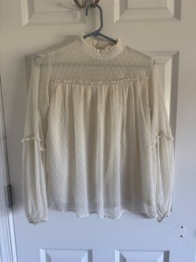 Japna Size Small Boho Ivory Swiss Dot Pattern Prairie Blouse Ruffle Details